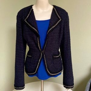 St. John Couture Boucle Knit Blazer Navy Black Shimmer Chain Trim Pockets Sz 12